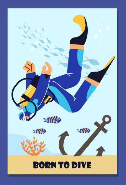 Vector illustration of Poster or vertical banner with scuba diver swimming underwater flat style