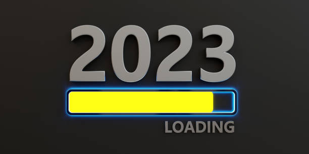 istock 2023 New Year loading bar with yellow color sign on black background. 3d render 1416021713