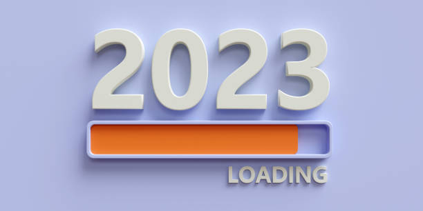 istock 2023 New Year loading bar with orange color sign on light blue background. 3d render 1416021716