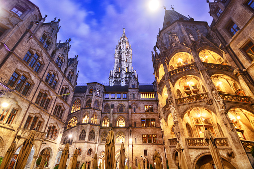 Inner courtyard of the New Town Hall (Neues Rathaus) at sunset in Munich, Germany
