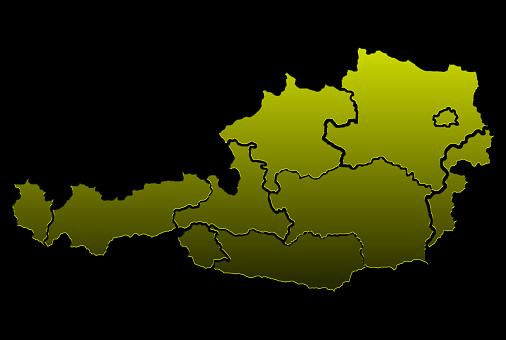 illustration map of Austria in golden color on a black background, relief.