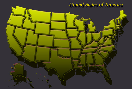 illustration map of the USA in golden color on a black background, relief.