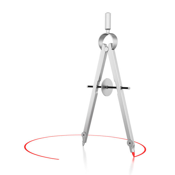 dibujo y dibujo de brújula con línea roja en forma de círculo. herramienta de trabajo de ingeniería. ilustración 3d aislada sobre fondo blanco. - drafting symbol pencil plan fotografías e imágenes de stock