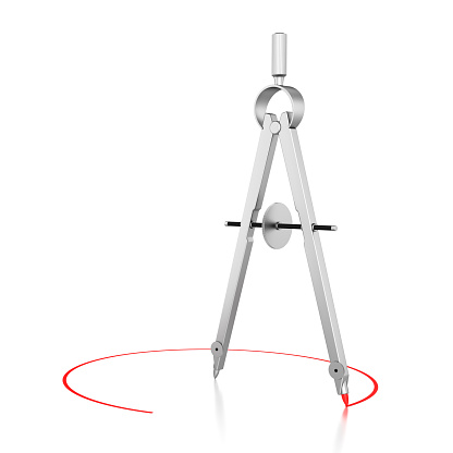 Drafting and drawing compass with red line in circle form. Engineering work tool. 3d illustration isolated on the white background.