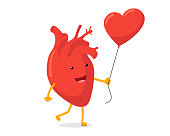 istock Cute cartoon happy enamored human heart character with red balloon. Express feelings of love happiness and joy. Vector circulatory organ mascot. Funny romantic happy symbol illustration 1416029038
