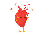 istock Cute cartoon enamored human heart character emotion. Happiness dizzy and hearts fly. Vector circulatory organ mascot dizziness with love. Funny romantic happy symbol illustration 1416029210