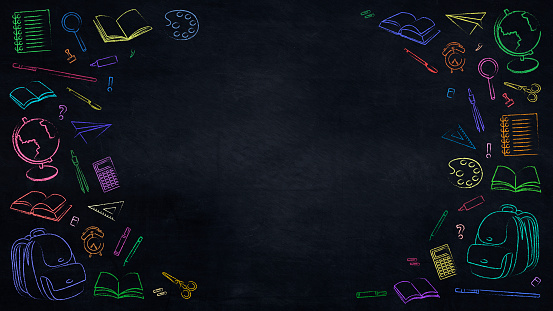 School subjects drawn with colored chalk on a dark board. In the center of the composition there is free space for entering your text