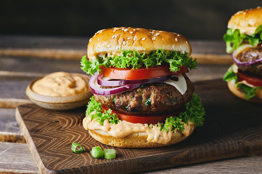 Tasty hamburger on a dark background
