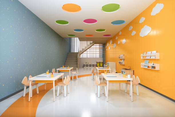 istock Empty Kindergarten Classroom With Tables, Chairs And Colored Walls 1416034593
