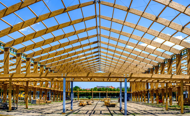 new roof framework at a hall stock photo