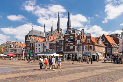 Delft, Netherlands, June 7, 2021; Market square in the city of Delft.