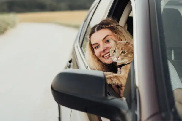 Photo of Young Caucasian Woman with Her Red Cat Looking Out from the Car Window while Enjoying Weekend Road Trip