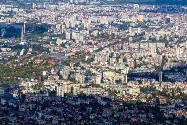 Photo of Aerial view of the city of Sofia, Bulgaria. The capital of Bulgaria is located in the west of the country at the foot of the Vitosha mountain range. History of city has more than two thousand years.