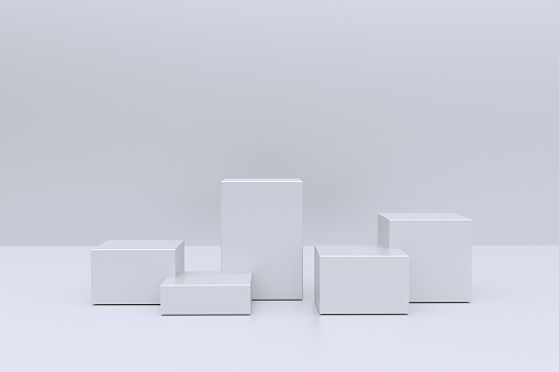 3d rendering illustration, platforms of white cubes with different shapes on white background. Scene to show products on top.