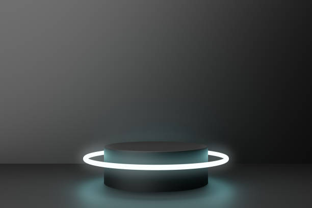 istock 3D pedestal with neon light in dark black room, empty space for product presentation, 3D render 1416041898