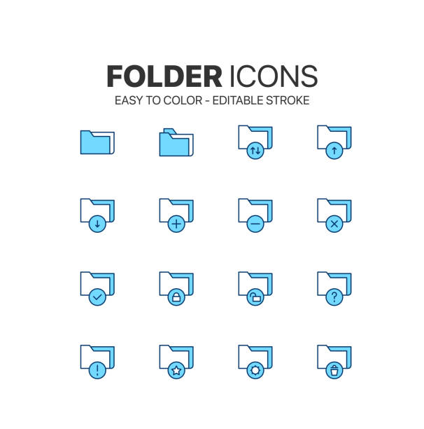 ilustrações de stock, clip art, desenhos animados e ícones de folder icon set. easy to color. desktop computer blue file folder symbol. document clipart vector - open file