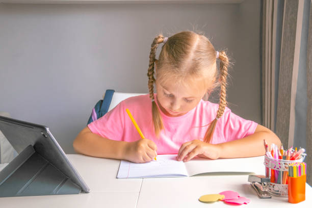 istock schoolgirl doing her homework with laptop computer at home. Child using gadgets to study. Online education and distance learning for kids. Homeschooling during quarantine. Stay at home. Back to school 1416045306