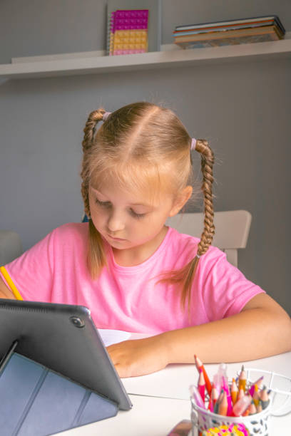 istock schoolgirl doing her homework with laptop computer at home. Child using gadgets to study. Online education and distance learning for kids. Homeschooling during quarantine. Stay at home. Back to school 1416045339