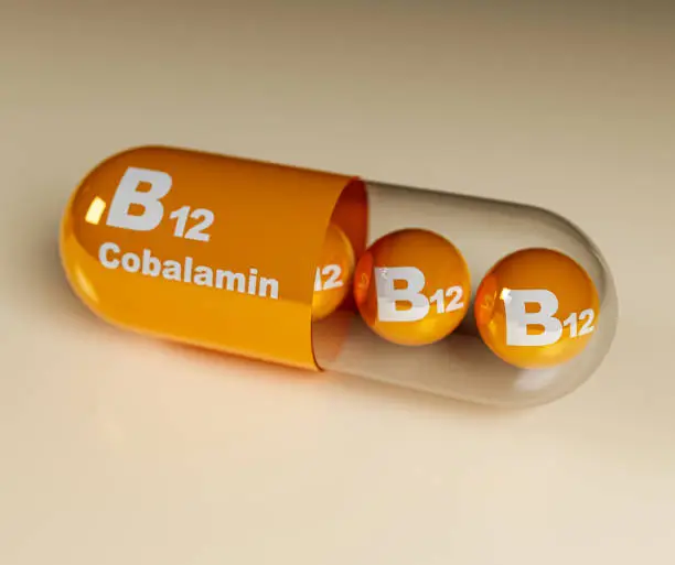 Vitamin B12, vitamin b12 text on globules, 3d illustration.