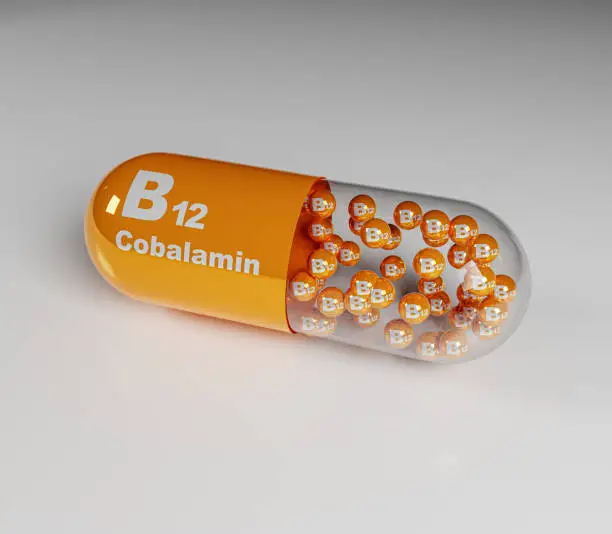 Vitamin B12, b12 text on globules, Cobalamin with white background, 3d illustration.