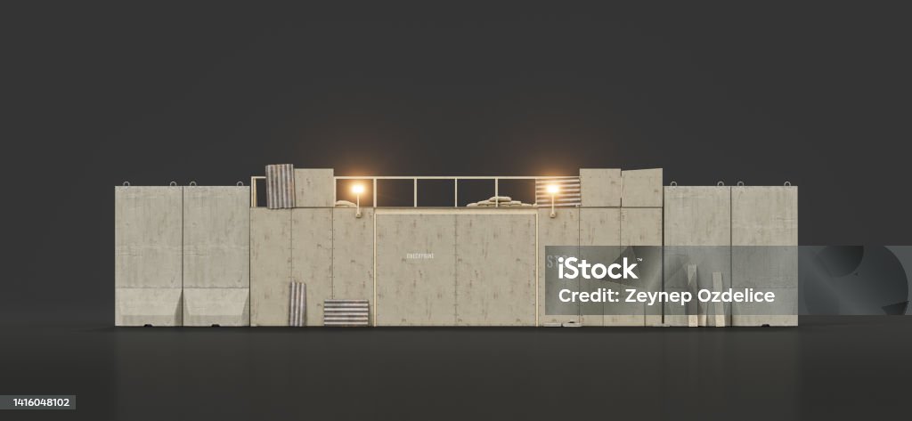 Concrete firewall, boundary wall with spotlights, military security wall, 3d rendering Concrete firewall, boundary wall with spotlights, military security wall, 3d rendering, nobody Construction Barrier Stock Photo