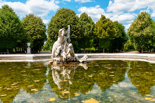 Fountain in the park of the Schonbrunn imperial palace, one of the major tourist attractions in Vienna, Austria. August 9, 2022.