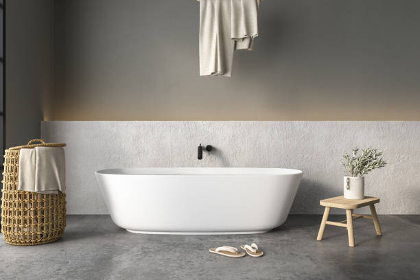 istock Modern Loft Bathroom interior design, white bathtub, concrete floor 1416056247
