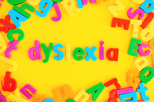 Alphabet letters backgrounds with word DYSLEXIA on bright yellow background