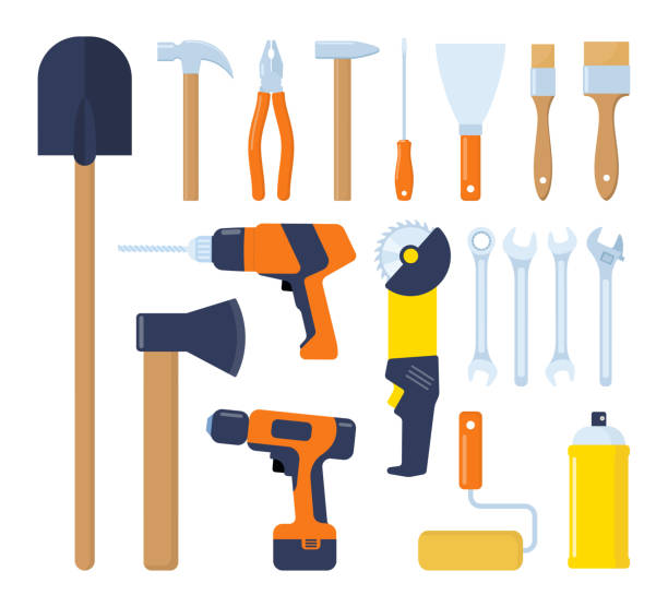 Collection of working tools. Repair and construction tools icon set. Hammer, pliers, chisel, file, screwdriver, shovel, axe, wrench, saw, drill, ruler, grinder, tool box. Vector illustration. Collection of working tools. Repair and construction tools icon set. Hammer, pliers, chisel, file, screwdriver, shovel, axe, wrench, saw, drill ruler grinder tool box Vector illustration wire cutter stock illustrations