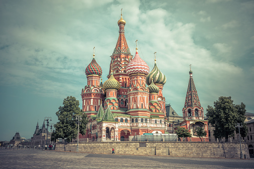 St Basil’s cathedral on Red Square, Moscow, Russia. Vintage style photo of historical Moscow building, old Russian Orthodox church, beautiful landmark of Moscow. Travel and tourism in Russia theme.