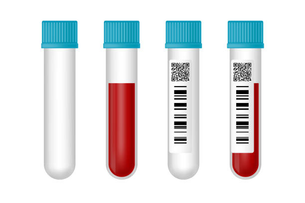 흰색 배경에 격리 된 바코드와 qr 코드가있는 빈 튜브 및 혈액 샘플 튜브 세트. - laboratory blood laboratory equipment medical sample stock illustrations