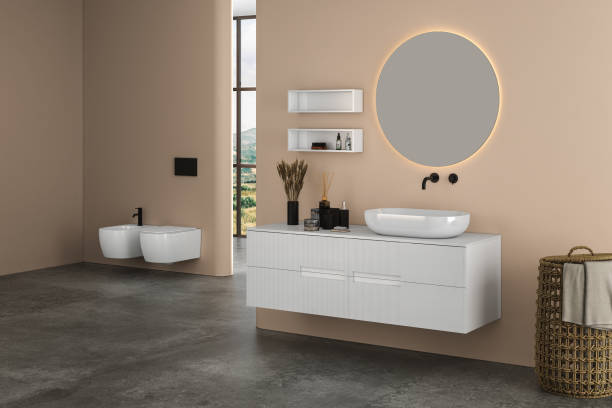 istock Modern bathroom interior with beige walls, ceramic basin with oval  mirror, 1416060011