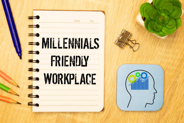 istock Closeup on businessman holding a card with text MILLENNIALS FRIENDLY WORKPLACE 1416060661