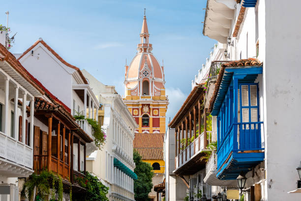 considered world heritage by unesco, cartagena isone of the main attraction in colombia colorful street of cartagena de indias old town, colombia cartagena colombia stock pictures, royalty-free photos & images
