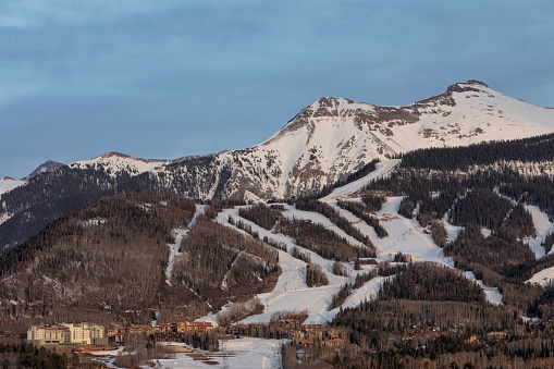 Aerial drone view of Madonna di Campiglio and ursus snowpark in Val Rendena dolomites trentino Italy