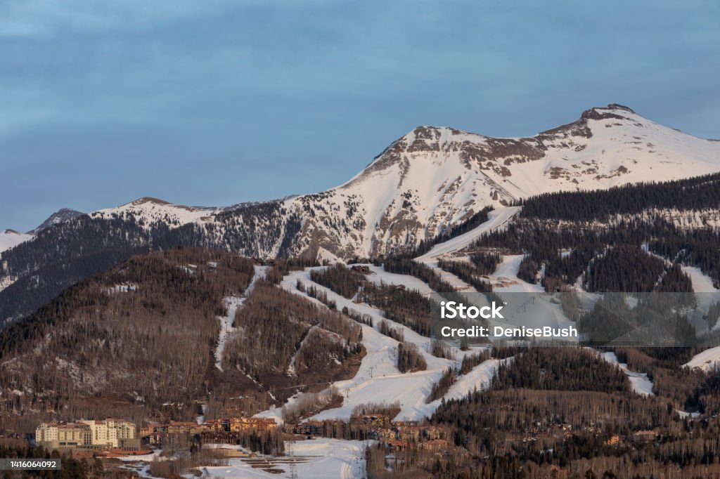 Telluride Slopes & Mountain Village A distant view includes some Telluride Ski slopes and a portion of Mountain Village. Colorado Stock Photo