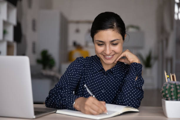 istock Happy young Indian woman studying on online courses. 1416065740