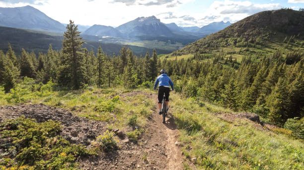 istock Young man mountain bikes on single track trail in mountains 1416066503