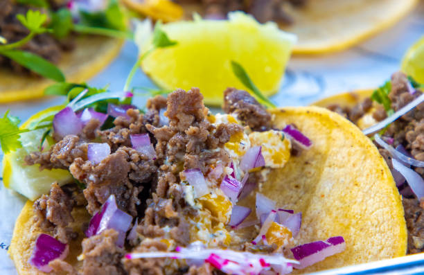Colorful tropical tacos stock photo