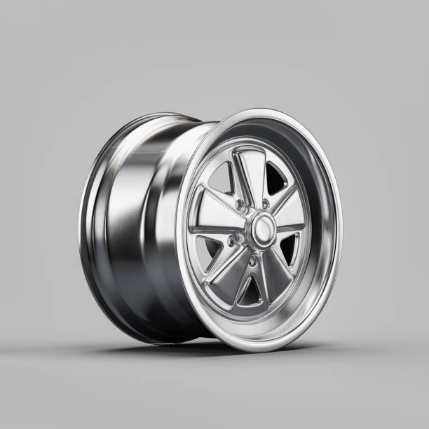 istock Shiny silver metallic alloy aluminum car rim isolated on white background from side view, 3d rendering 1416076576