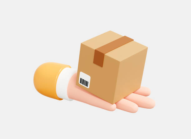 3D Courier's Hand holding cardboard box. Fast delivery concept. Package delivery. Online shopping. Cargo box with barcode. Cartoon creative design icon isolated on white background. 3D Rendering 3d courier's hand sosteniendo una caja de cartón. concepto de entrega rápida. entrega de paquetes. compras en línea. caja de carga con código de barras. icono de diseño creativo de dibujos animados aislado sobre fondo blanco. renderizado 3d