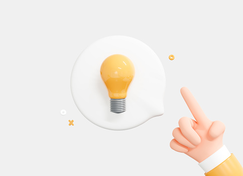 3D Light bulb on thinking cloud. Employee hand with genius business idea. Plan strategy and solution concept. Success in work. Cartoon creative design banner isolated on white background. 3D Rendering