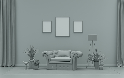 Pared de galería con tres marcos, en una sola habitación de color gris ceniza con muebles y plantas photo