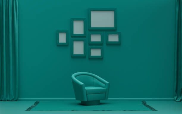 istock Mock-up poster gallery wall with 7 frames in solid pastel dark green room 1416093157