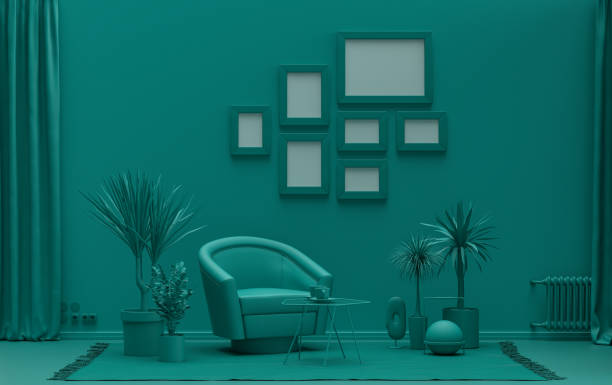 istock Mock-up poster gallery wall with 7 frames in solid pastel dark green room 1416093331
