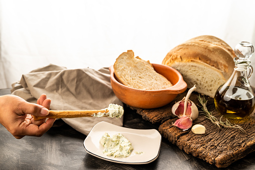 grisines and country bread, with olive oil, garlic and flavored mayonnaise