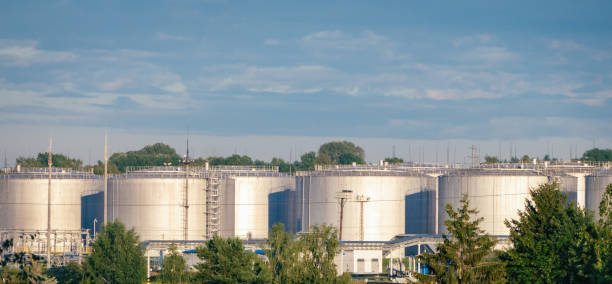 fuel storage tanks view, oil refinery plant in morning daylight against green summer trees and blue sky - oil storage tank storage compartment fuel and power generation imagens e fotografias de stock