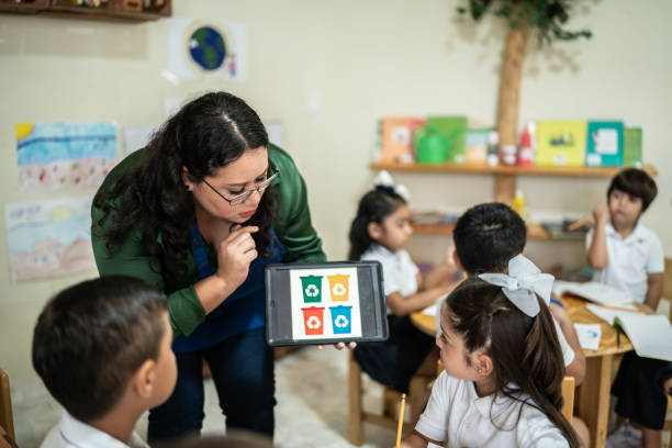 istock Teacher talking to students about recycling in the classroom at school 1416096821