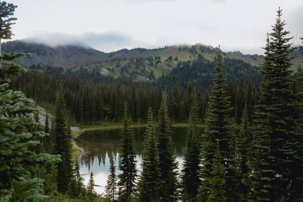 Wide angle color image depicting the tranquil scene of a crystal clear still blue mountain lake. In the far distance is a dramatic mountain range with cloudscape. Room for copy space.