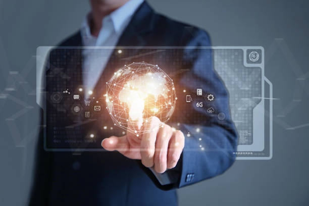istock Businessman holding digital datas with world interface with finger. 1416133666